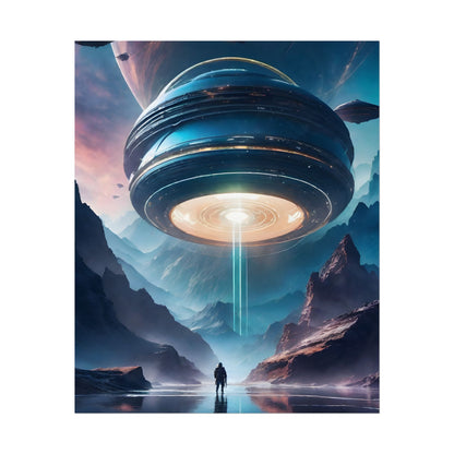 Sci-Fi Alien Planet - Majestic Mountain Range with Mothership Wall Art