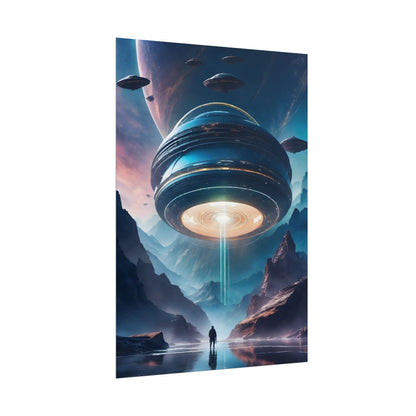 Sci-Fi Alien Planet - Majestic Mountain Range with Mothership Wall Art